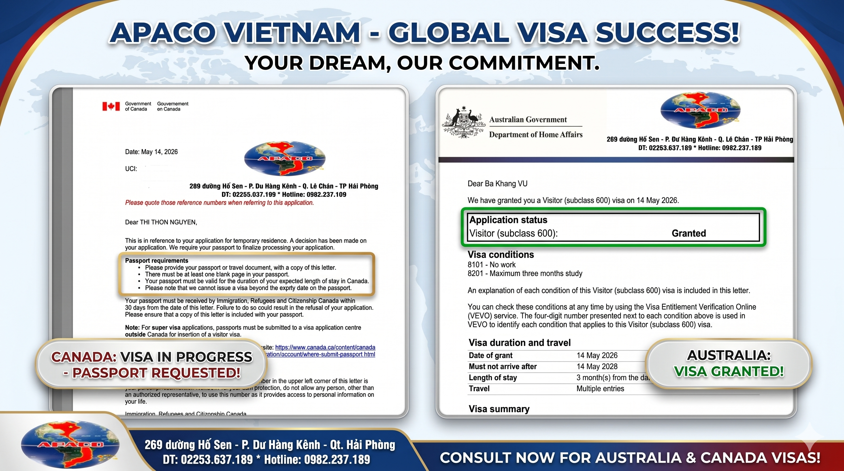 CHÚC MỪNG 2 VISA ÚC- CANADA VỀ VỚI APACO VÀO GIỮA TUẦN